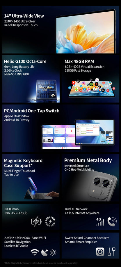 Tablet Teclast T70 Pro con Android 16 e tecnologia Gemini AI, display IPS da 14 pollici, T70Pro, doppia SIM 4G LTE, WiFi 2,4 GHz/5 GHz, Bluetooth 5.2, navigazione GPS, processore G100 Octa Core, 8 GB di RAM, 128 GB di memoria