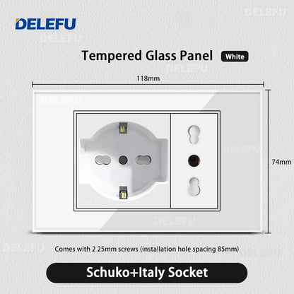 DELEFU Presa a Muro in Vetro Temperato Bianco Italia USB Tipo C Ricarica Rapida Interruttore Schuko TV Satellitare Citofono Cile