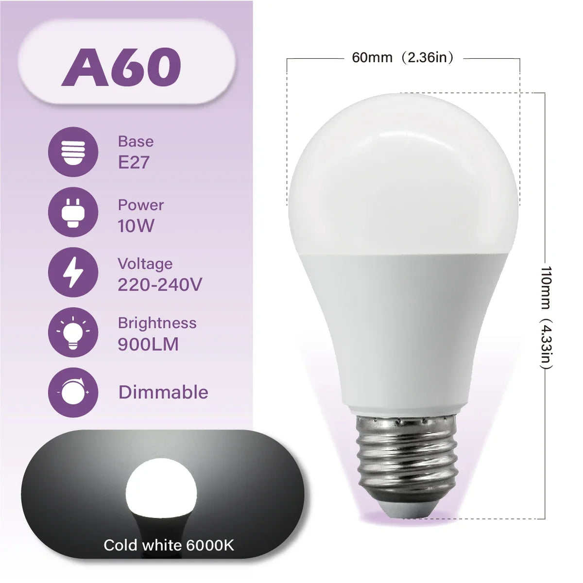 Lampadina LED Dimmerabile E27 10W 15W 20W AC 220V 3000K-6500K 0-100 Dimmerabile, Lampada a Tono Naturale per Balcone, Sala da Pranzo, Ingresso
