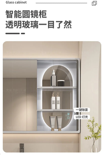 Mobile Bagno Moderno Intelligente con Lavabo Integrato in Ceramica, Armadietti in Rovere, Specchio LED e Mobiletto - Arredamento Bagno