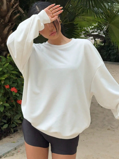 Felpa Sportiva Bianca da Donna per Autunno e Inverno, Top Casual Ampio, Nuova Felpa Casual a Maniche Lunghe con Collo Tondo in Tinta Unita