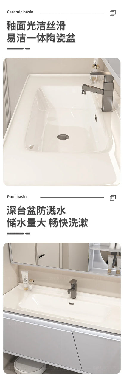 Mobile Bagno Moderno Intelligente con Lavabo Integrato in Ceramica, Armadietti in Rovere, Specchio LED e Mobiletto - Arredamento Bagno