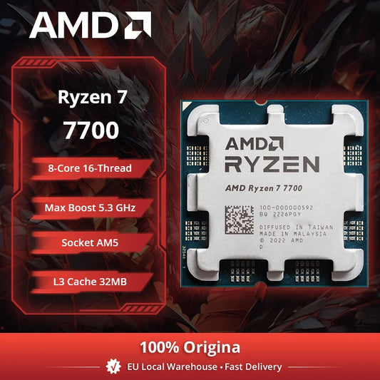 Processore Desktop AMD Ryzen 7 7700, 8 Core, 4.5 GHz, 5nm, Cache L3 da 32MB, Socket AM5 (Dissipatore Non Incluso)