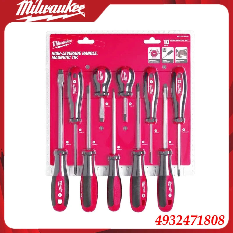 Milwaukee 4932471808 Set di 8 Cacciaviti, Manici Ergonomici Rossi/Neri, Punte Magnetiche per Lavori di Fissaggio in Fai-da-Te e Professionali
