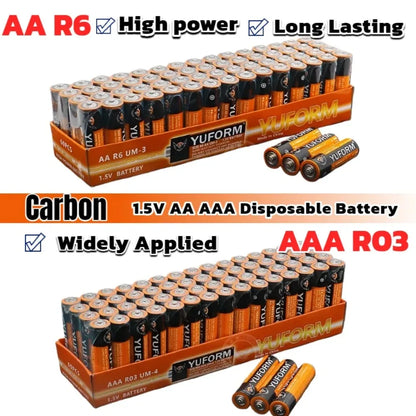 Batterie al carbonio zinco AA AAA da 1,5 V, confezione da 40 all'ingrosso per giocattoli, orologi, telecomandi, alimentazione di lunga durata, a prova di perdite