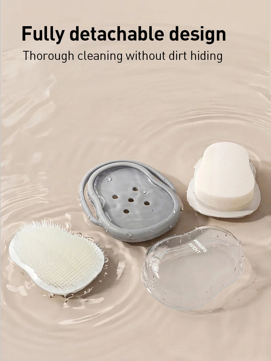 Philips Avent Spazzola per il lavaggio e il massaggio del bambino, doppia funzione, colore grigio nebbia, spazzola da bagno in morbido silicone per bambini da 0 a 12 anni