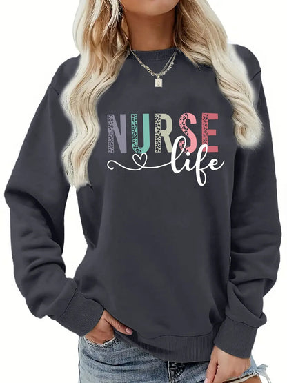 Felpa pullover da donna con stampa INFEZIONE casual, design geometrico, manica lunga, girocollo, lavabile in lavatrice, vestibilità regolare per l'autunno