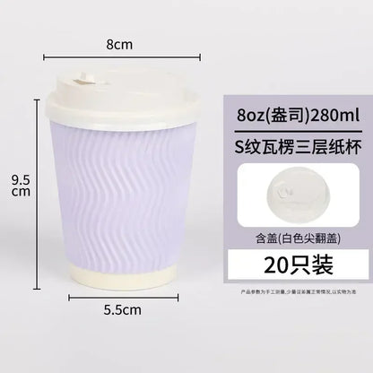 20 set di bicchieri di carta usa e getta colorati, onde di carta ondulata, antiscottatura, tazze da tè al latte, tazze da caffè confezionate da asporto con coperchio