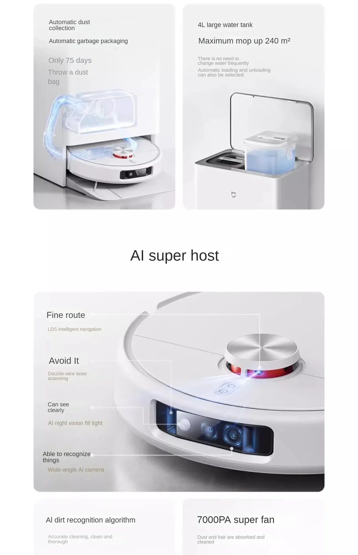 Nuovo robot aspirapolvere Xiaomi Mijia M30 Pro, potente e multifunzione, con funzione di taglio dei capelli integrata e sistema anti-groviglio.