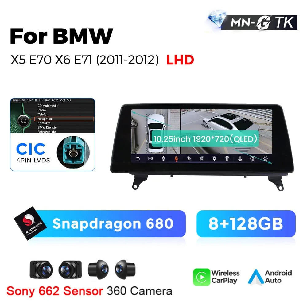 Sistema Multimediale Intelligente MEKEDE con CarPlay Wireless e Android Auto per BMW X5 E70 X6 E71, Schermo QLED da 10.25/12.3 Pollici, Android 14, CPU Snapdragon, Radio e Navigazione GPS per Auto