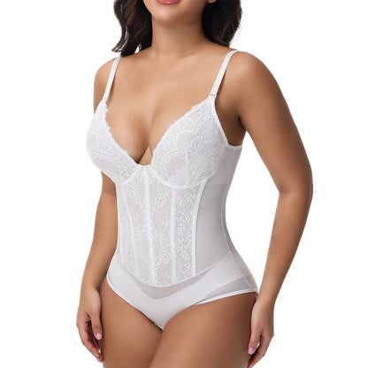 Body modellante in pizzo da donna con ferretto, controllo della pancia, modellante per tutto il corpo, corsetto con scollo a V, top, tuta, slip, lingerie, abbigliamento sexy