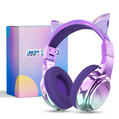 Cuffie wireless Unicorno per bambini Ragazze Auricolari Bluetooth Cuffie pieghevoli con orecchie di gatto per viaggi scolastici Cuffie per bambini
