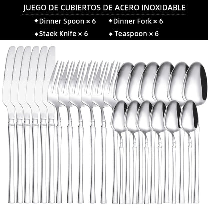 Set di posate da 24 pezzi in acciaio inox, coltelli, forchette, cucchiaini da caffè, stoviglie lavabili in lavastoviglie.