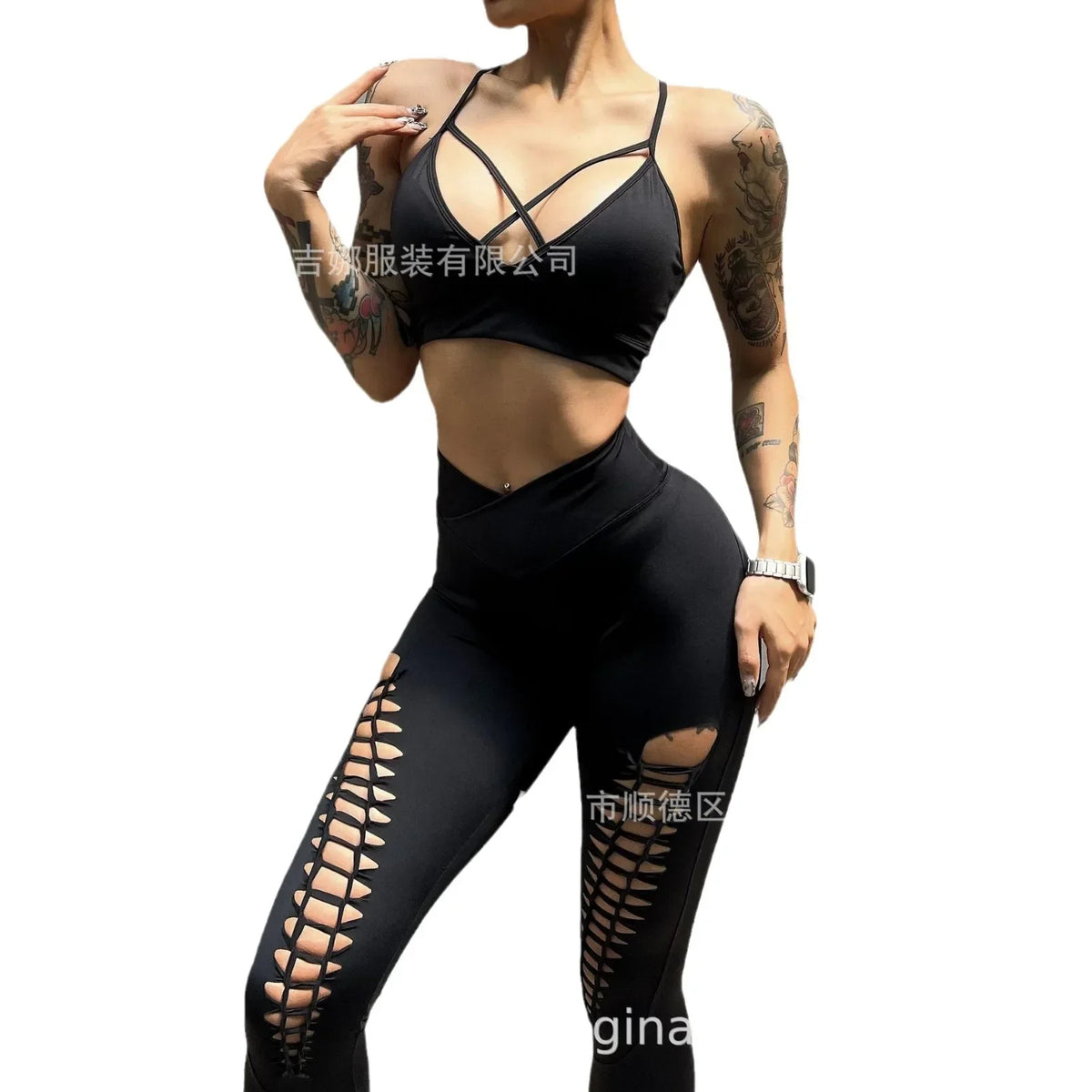 Reggiseno sportivo leggero a V profonda e sexy, pantaloni yoga a vita alta modellanti e scollati da donna