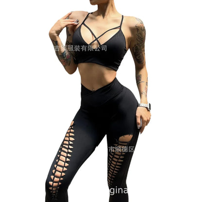 Reggiseno sportivo leggero a V profonda e sexy, pantaloni yoga a vita alta modellanti e scollati da donna