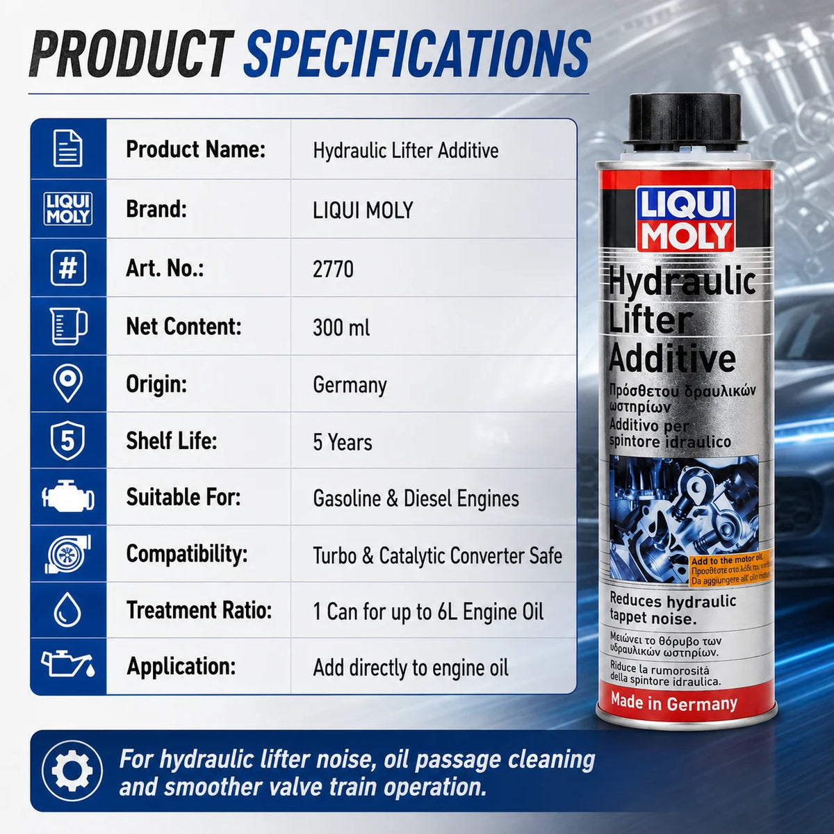 LIQUI MOLY 2770 Additivo per Alzavalvole Idraulici 300ml, Additivo per Olio Motore, Riduttore Rumore Tappetini