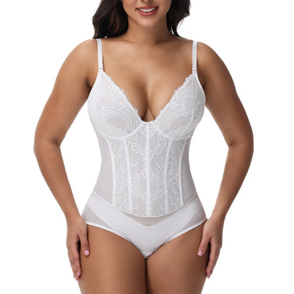 Body modellante in pizzo da donna con ferretto, controllo della pancia, modellante per tutto il corpo, corsetto con scollo a V, top, tuta, slip, lingerie, abbigliamento sexy