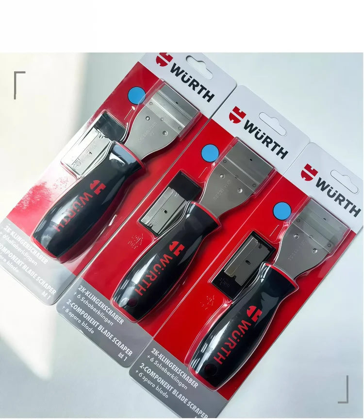 Wurth 071466335 Raschietto Professionale per Vetro con Lama da 40mm, Rimuovi Adesivi e Residui di Colla, Manico Antiscivolo con 6 Lame