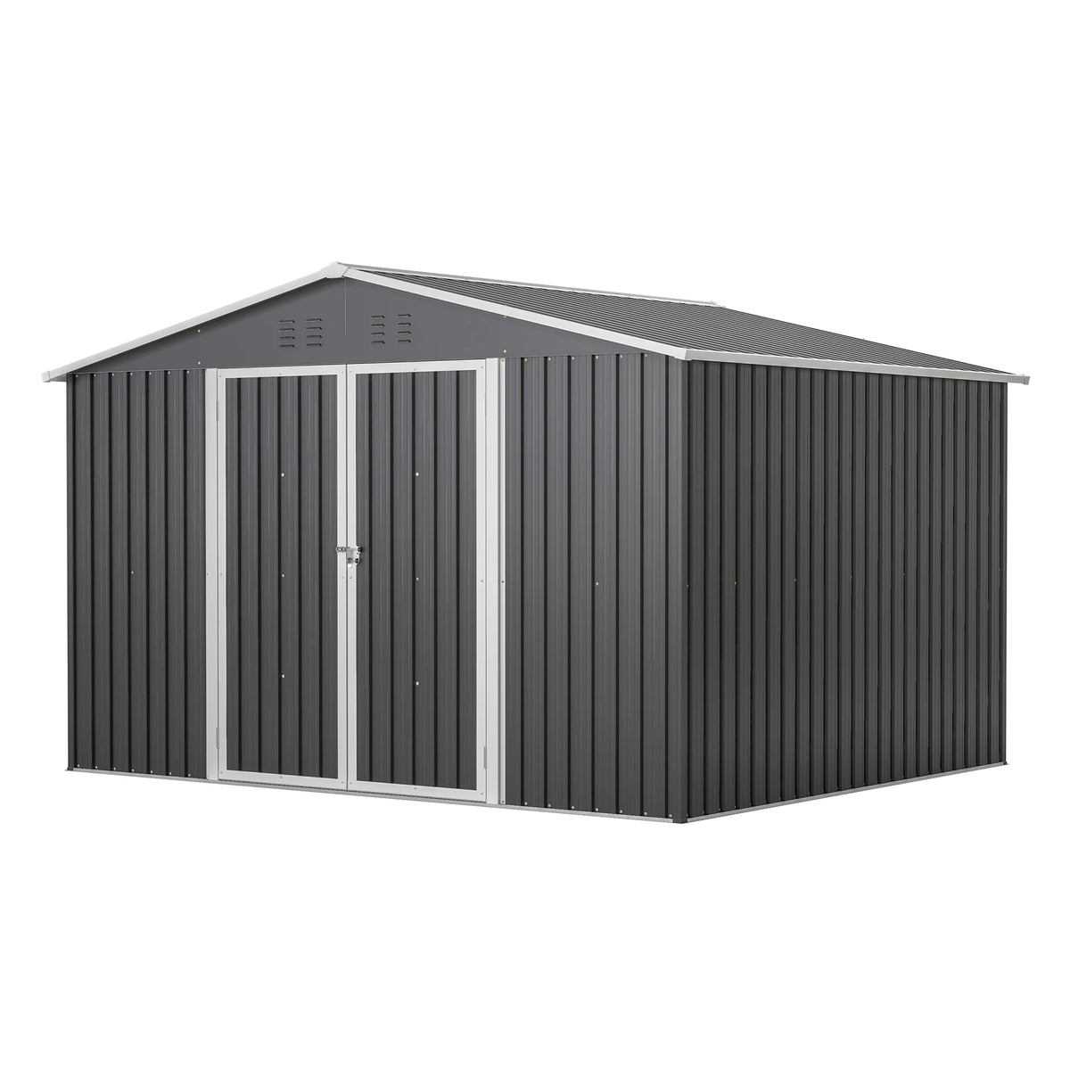Capannone in acciaio nero resistente alle intemperie, dimensioni 10x8 piedi, con base in metallo, porte con serratura e prese d'aria, adatto a diversi usi: garage, stanza per animali domestici, deposito per bidoni della spazz
