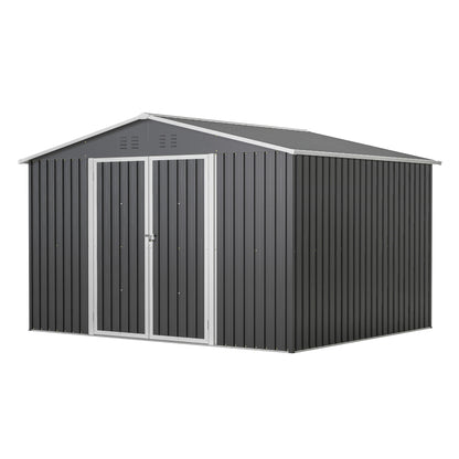 Capannone in acciaio nero resistente alle intemperie, dimensioni 10x8 piedi, con base in metallo, porte con serratura e prese d'aria, adatto a diversi usi: garage, stanza per animali domestici, deposito per bidoni della spazz