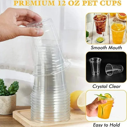 100 Bicchieri in Plastica Trasparente con Coperchi da 350ml, Contenitori Monouso per Bevande Fredde, Bubble Tea, Caffè Ghiacciato, Succhi, Frullati, Forniture per Feste