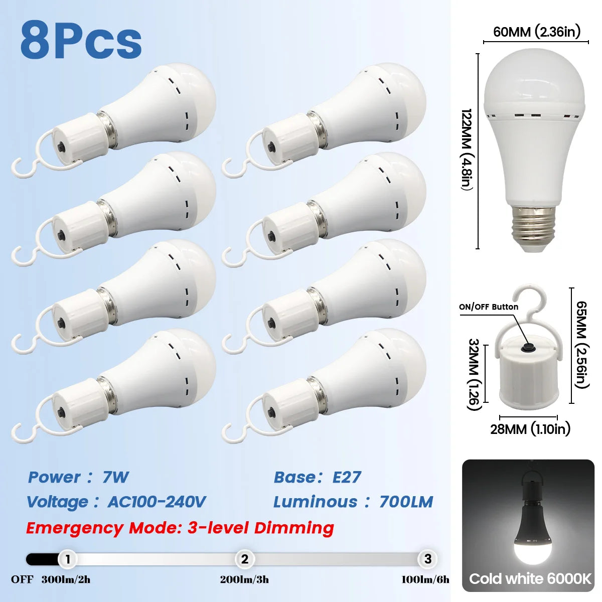 Lampadina LED ricaricabile E27 7W 1500mAh 220V 110V Lampadina di emergenza per alimentazione domestica Lampada da giardino per portico da campeggio in guasto all'aperto
