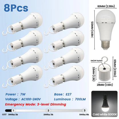 Lampadina LED ricaricabile E27 7W 1500mAh 220V 110V Lampadina di emergenza per alimentazione domestica Lampada da giardino per portico da campeggio in guasto all'aperto