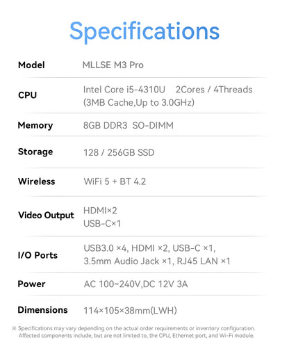 MLLSE M3 Pro Mini PC con Processore Intel Core I5-4310U, 8GB RAM DDR3, 128GB SSD M.2, Wi-Fi 5, BT 4.2, Windows 11 Pro, Mini Computer Desktop