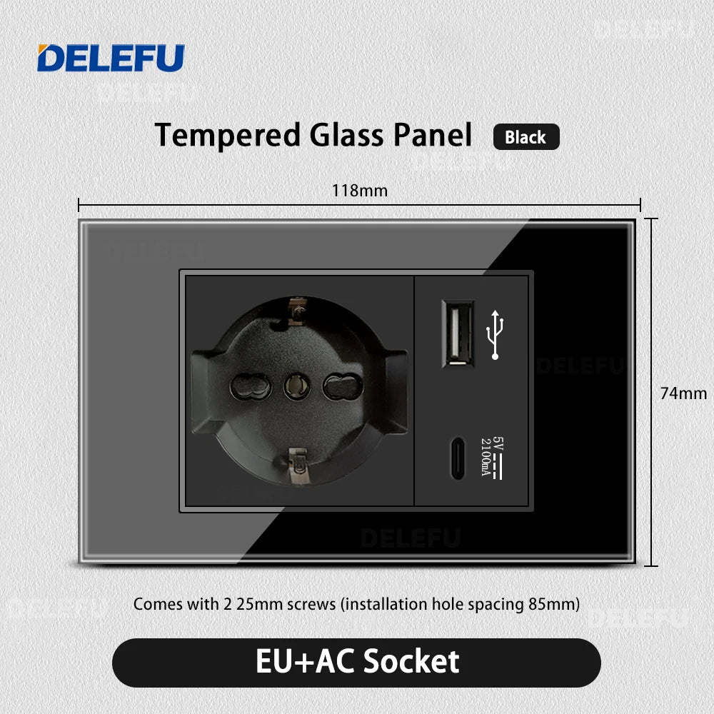 DELEFU Presa a Muro in Vetro Temperato Nero con USB Type-C per Ricarica Rapida, Interruttore Schuko, TV Sat, Telefono, Campanello, Italia/Cile