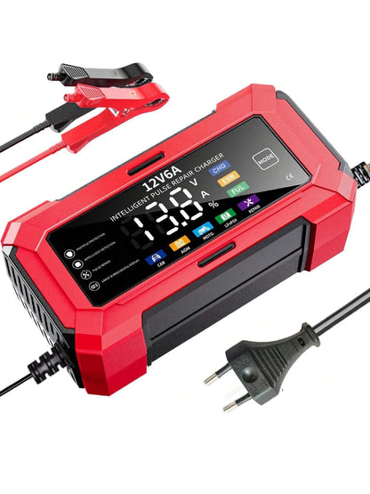 Caricabatterie per auto e moto con schermo a colori, 12V 6A, caricabatterie per batterie al piombo e al litio, spina europea, arresto automatico quando la carica è completa.