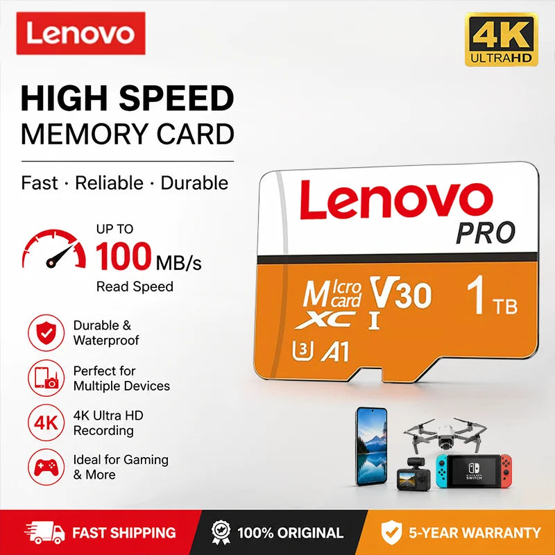Scheda di memoria Micro SDXC Lenovo ad alta velocità, disponibile nelle versioni da 512 GB, 256 GB, 1024 GB e 128 GB, standard UHS-I V30 U3, per la registrazione di video in 4K e per fotocamere di droni.