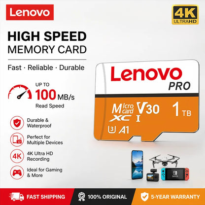 Scheda di memoria Micro SDXC Lenovo ad alta velocità, disponibile nelle versioni da 512 GB, 256 GB, 1024 GB e 128 GB, standard UHS-I V30 U3, per la registrazione di video in 4K e per fotocamere di droni.
