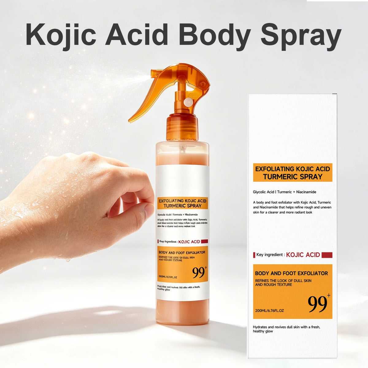 Nuovo Spray Corpo Esfoliante 2026 con Acido Cogico e Curcuma, Acido Glicolico Illuminante e Levigante per Pelle Ruvida, Idratante 200ml