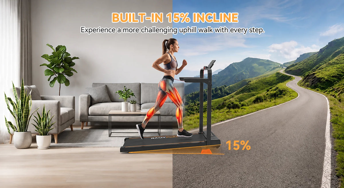 Ramypoket Tapis Roulant Pieghevole con Inclinazione 15%, Tapis Roulant 12Km/H, App/LED, Tapis Roulant da Ufficio, Carico Massimo 150kg