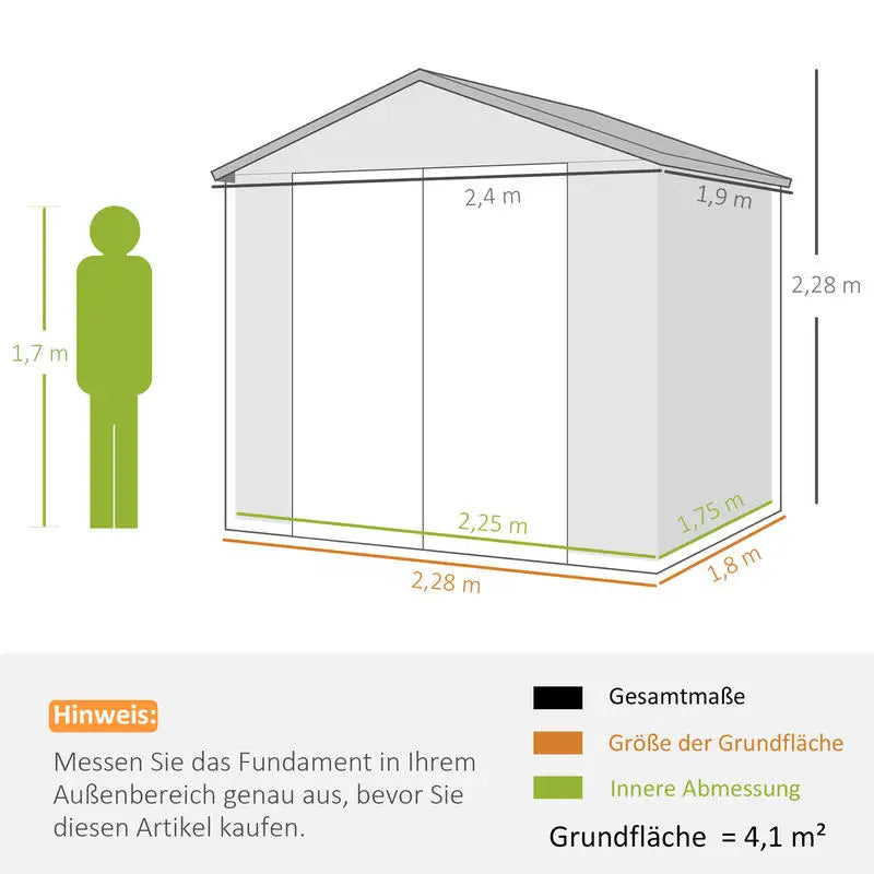 Casetta per attrezzi da giardino con finestra di ventilazione, in plastica e metallo, 240 x 190 x 180/228, Grigio