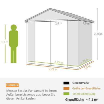 Casetta per attrezzi da giardino con finestra di ventilazione, in plastica e metallo, 240 x 190 x 180/228, Grigio
