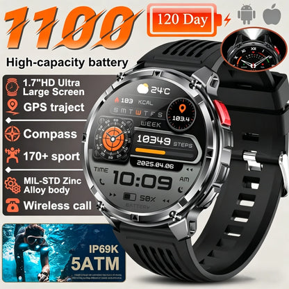 Nuovo Smartwatch T-REX3 Ultra con Batteria da 1100mAh, Impermeabile 10ATM, GPS, Bussola, Torcia, Display AMOLED HD da 1.7'', Chiamate, Orologio Sportivo Intelligente per Uomo