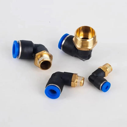 Set di 5 connettori pneumatici a gomito con filettatura maschio da 1/8', 1/4', 3/8', 1/2' per tubi dell'aria da 4/6/8/10/12 mm