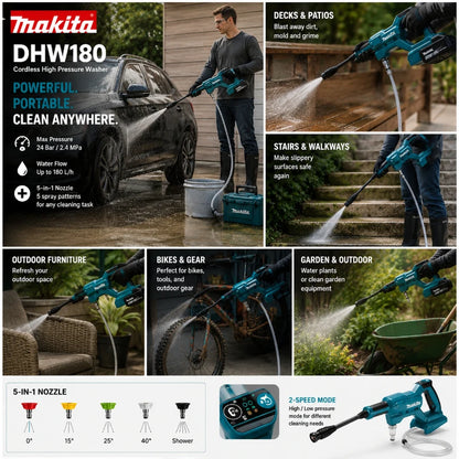 Idropulitrice Portatile a Batteria Makita DHW180 18V per Auto, Moto, Giardino e Patio - Compatibile con Batterie Makita 18V - Disponibilità EU