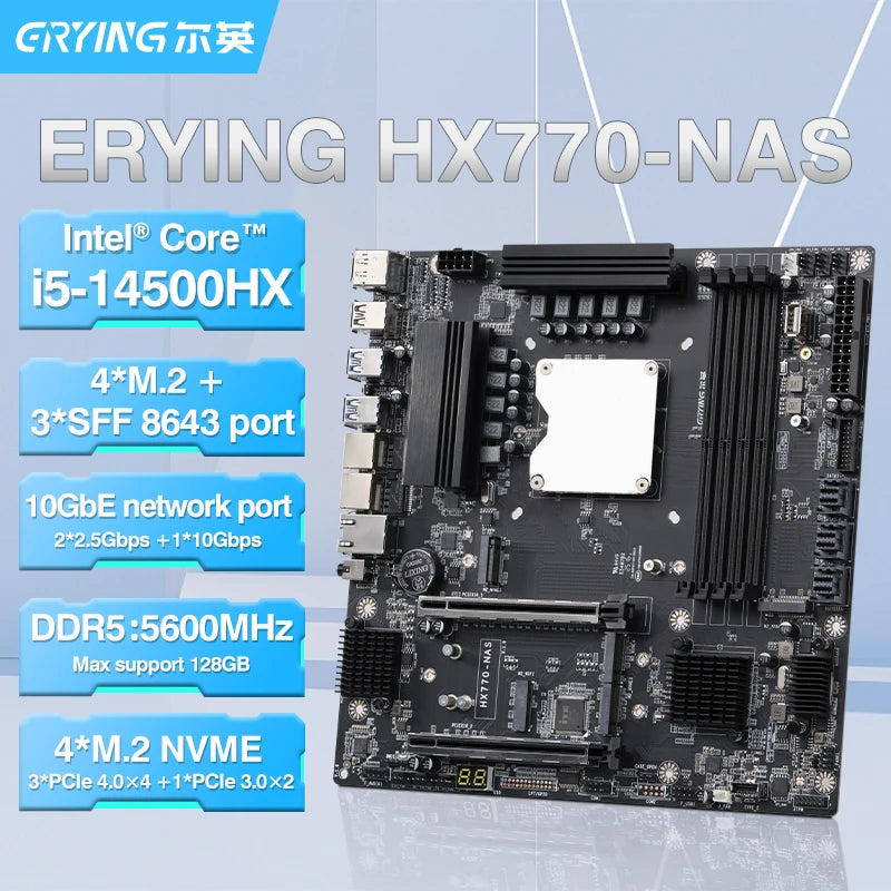 ERYING NAS Scheda madre integrata 14a generazione Core i5 14500HX 4xDDR5 Canale M.2 NVMe 2280 2.5G WIFI SFF8643 Interfaccia a 12 porte SATA