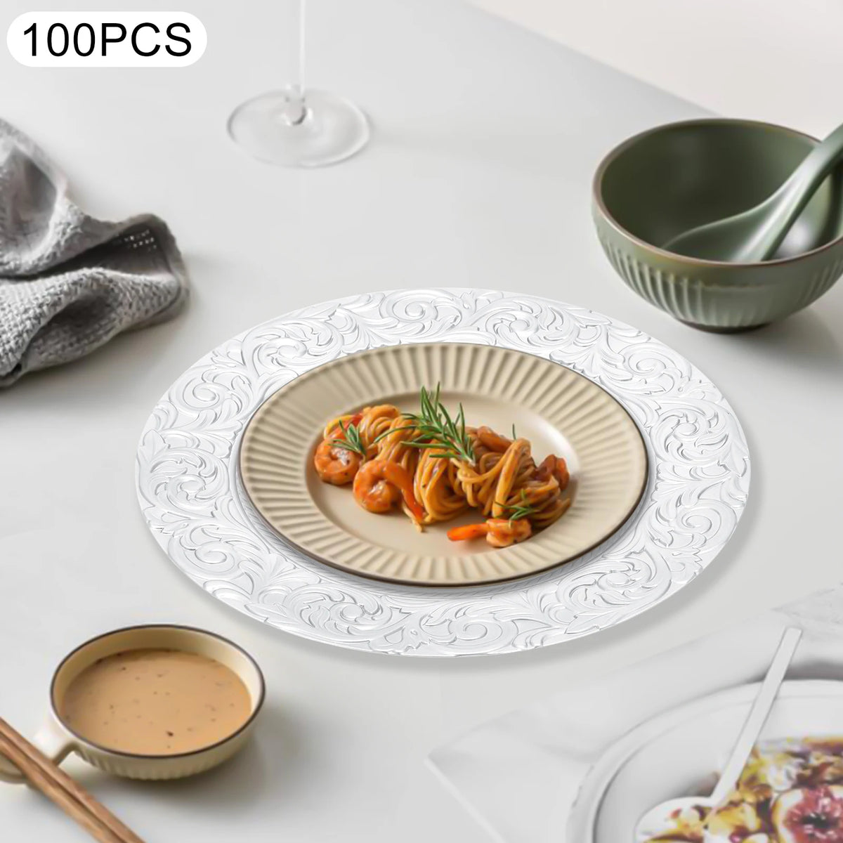 Set da 100 sottopiatto, sottopiatto rotondo, piatti da portata riutilizzabili, sottopiatto da 13 pollici per piatti da portata, ideale per matrimoni, feste ed eventi, design con fondo incavato stabile, elegante decorazione pr