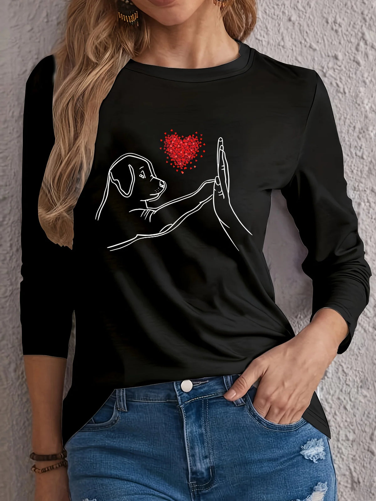 T-shirt girocollo stampata con motivo Torre Eiffel Parigi a maniche lunghe comoda moda primavera e autunno 100% cotone da donna