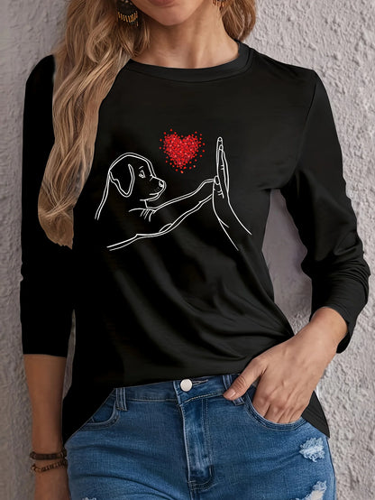 T-shirt girocollo stampata con motivo Torre Eiffel Parigi a maniche lunghe comoda moda primavera e autunno 100% cotone da donna