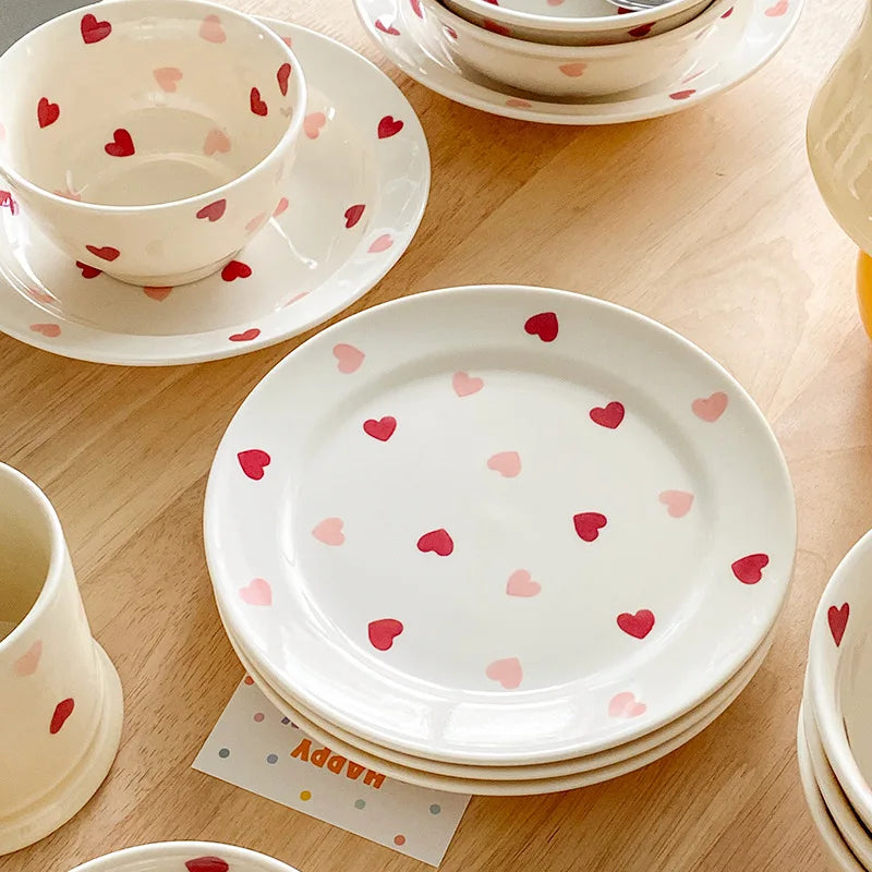 Set di stoviglie in ceramica a forma di cuore, piatto piano, insalatiera di riso, tazza da caffè, amore giapponese, regalo caldo per San Valentino