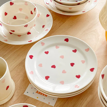Set di stoviglie in ceramica a forma di cuore, piatto piano, insalatiera di riso, tazza da caffè, amore giapponese, regalo caldo per San Valentino