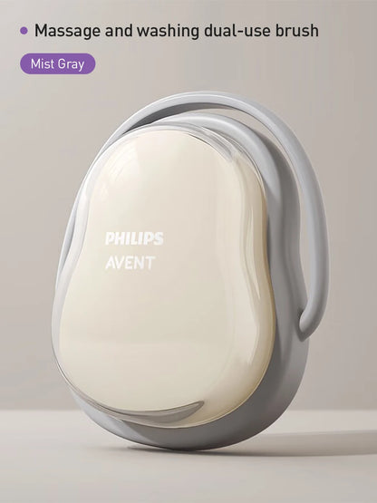 Philips Avent Spazzola per il lavaggio e il massaggio del bambino, doppia funzione, colore grigio nebbia, spazzola da bagno in morbido silicone per bambini da 0 a 12 anni