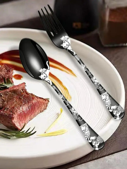 Set di posate in acciaio inossidabile con incisione laser Rose Cat, 4/15/25/40 pezzi, coltello, forchetta, cucchiaio, per coppie, stoviglie per feste