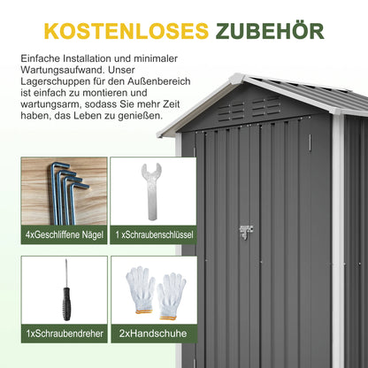 Casetta da Giardino in Metallo 5x2.6FT, Mini Capanno Multiuso per Esterni con Base e Porta Chiudibile a Chiave per Attrezzi, Cuccia per Animali, Bidone della Spazzatura, Cortile