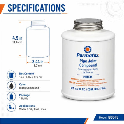 Permatex 80045 Sigillante per Giunti di Tubi Resistente al Calore per Linee di Acqua, Olio e Carburante Non Indurente 479mL
