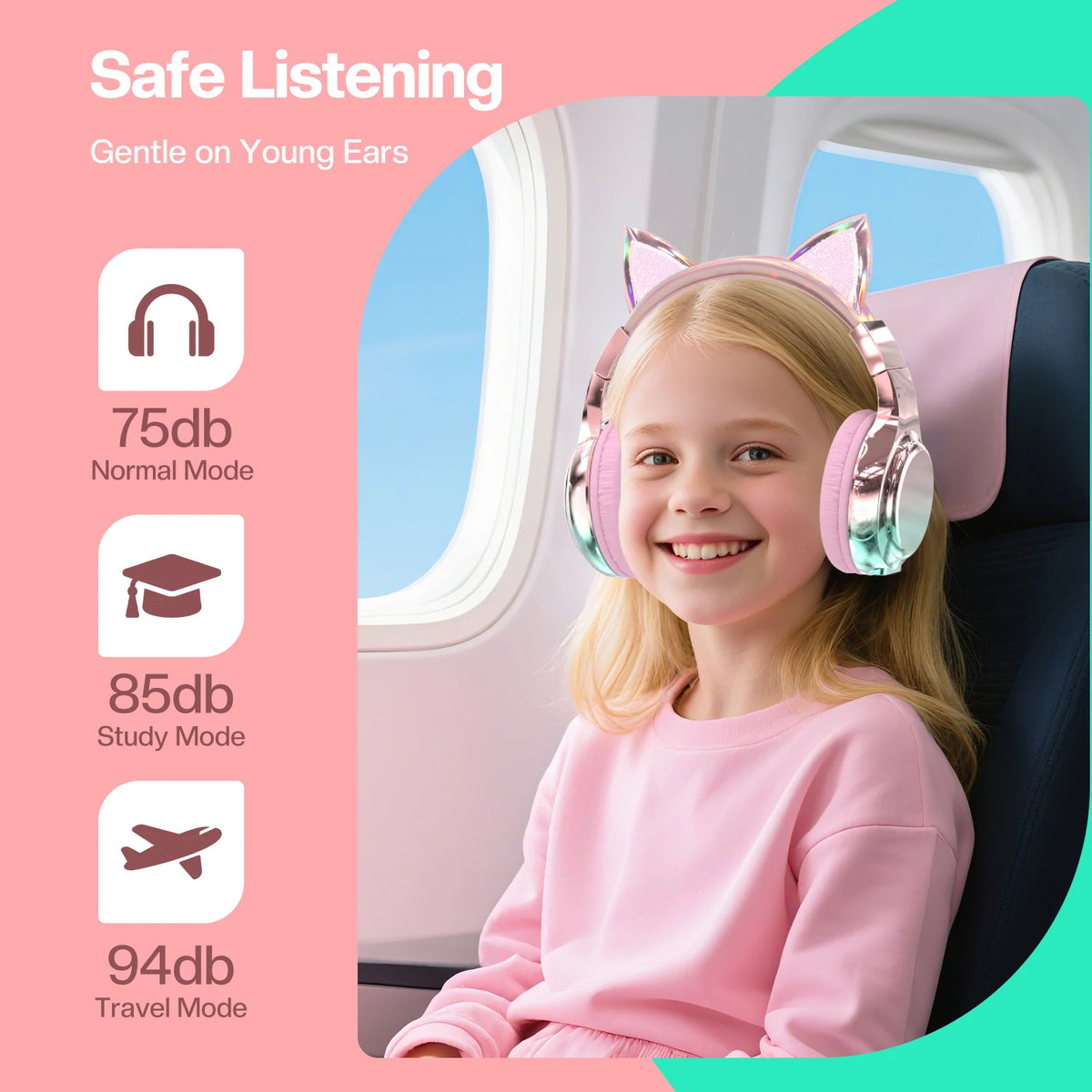 Cuffie wireless a forma di orecchie di gatto per ragazze e bambini, cuffie Bluetooth con volume sicuro 74/85/94dB, cuffie pieghevoli per bambini, ideali per i viaggi